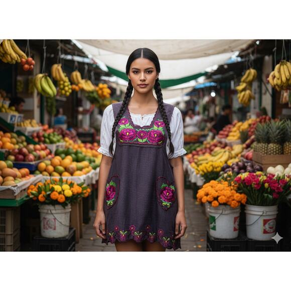 Mexican Folkloric apron embroidered  one of a kind HEART pockets - Picture 5 of 10